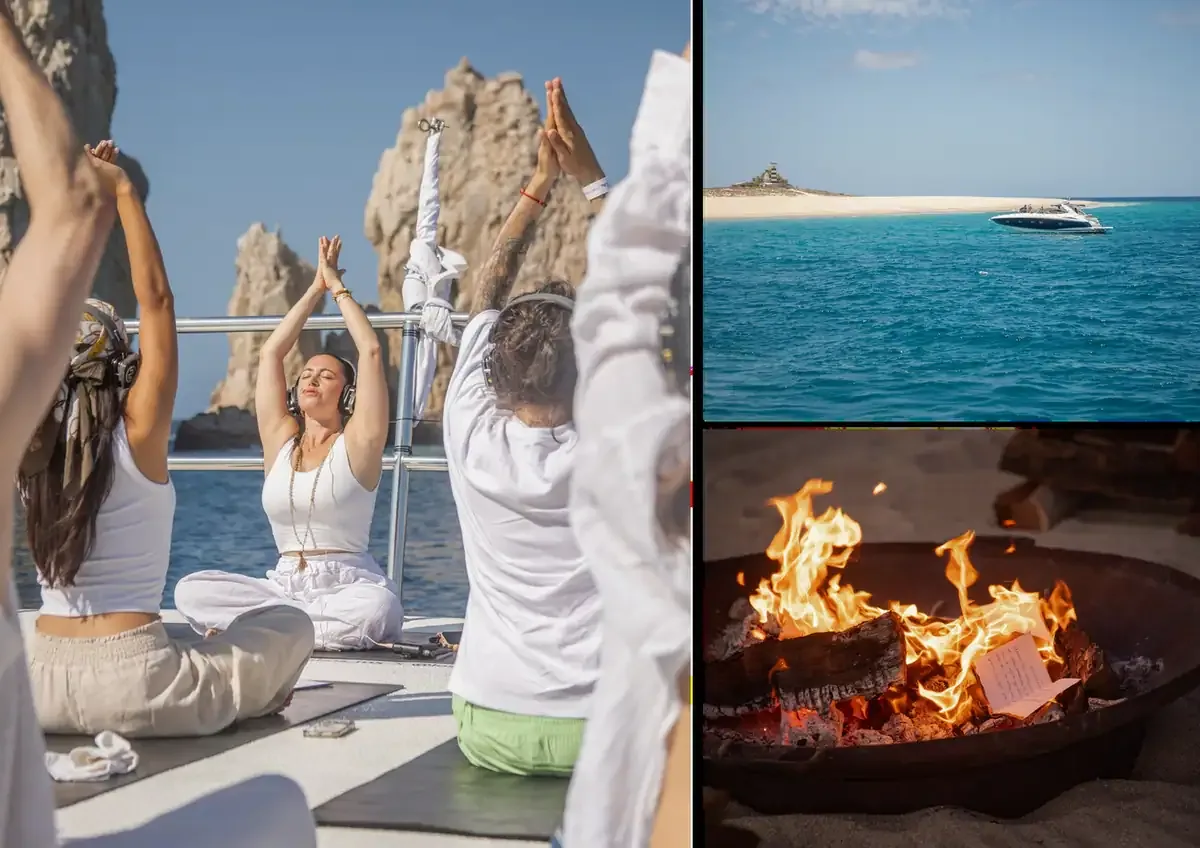 Immersive yoga beside the Arch at Cabo San Lucas, and a fire ceremony on the beach