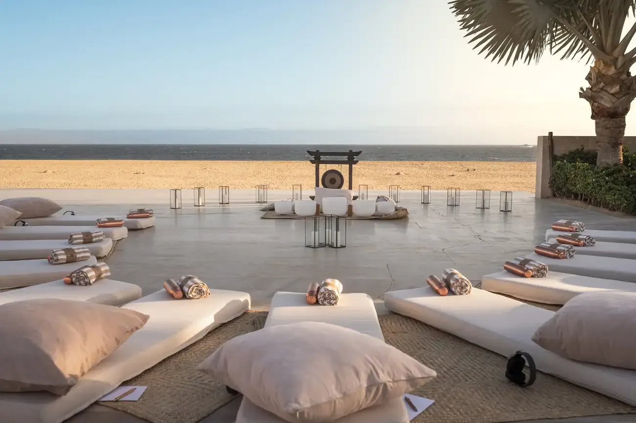 A sound journey set up at sunset at Nobu Los Cabos